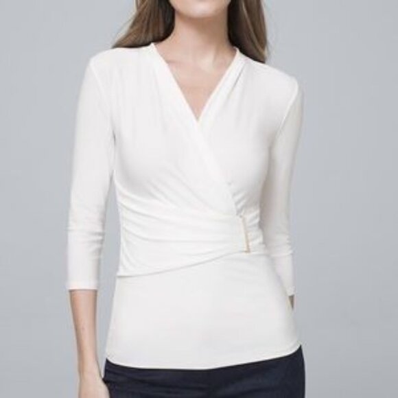 White House Black Market WHBM Off-White Surplice V-Neck Wrap Blouse Medium EUC - Picture 6 of 6